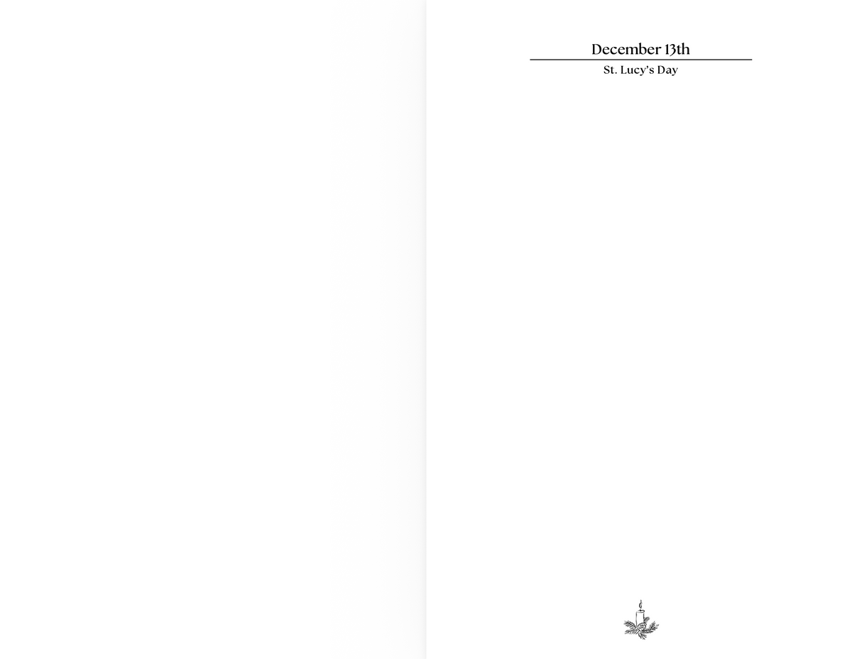 A minimalist white card or print with the text 'December 13th St. Lucy's Day' centered near the top right, a thin vertical divider line, and a small gray decorative emblem at the bottom right.