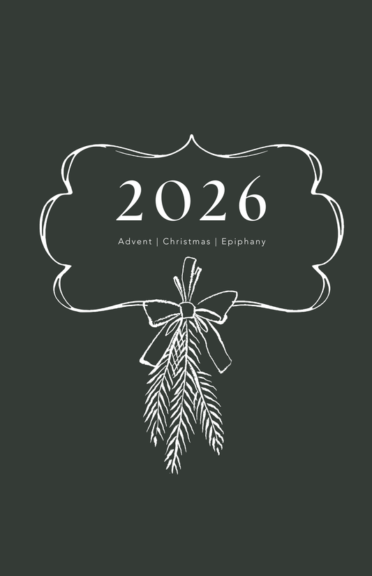 A minimalist white line-art Christmas ornament graphic on a dark green background, with the text '2026 Advent | Christmas | Epiphany' centered inside the ornament.