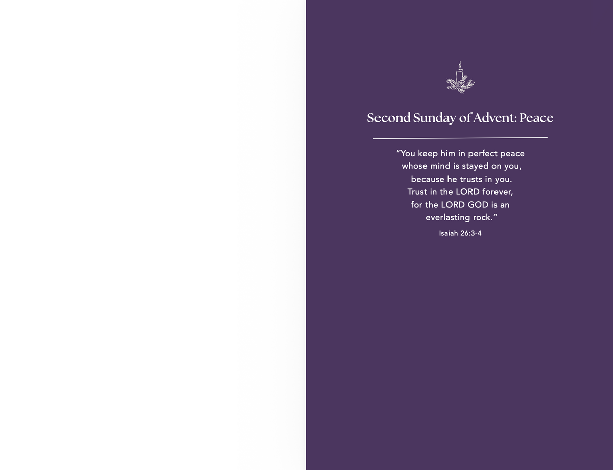 A minimalist religious print or card with a split design: the left side is white, and the right side is a deep purple panel with white text reading 'Second Sunday of Advent: Peace' and a Bible verse from Isaiah 26:4.