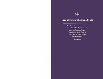 A minimalist religious print or card with a split design: the left side is white, and the right side is a deep purple panel with white text reading 'Second Sunday of Advent: Peace' and a Bible verse from Isaiah 26:4.