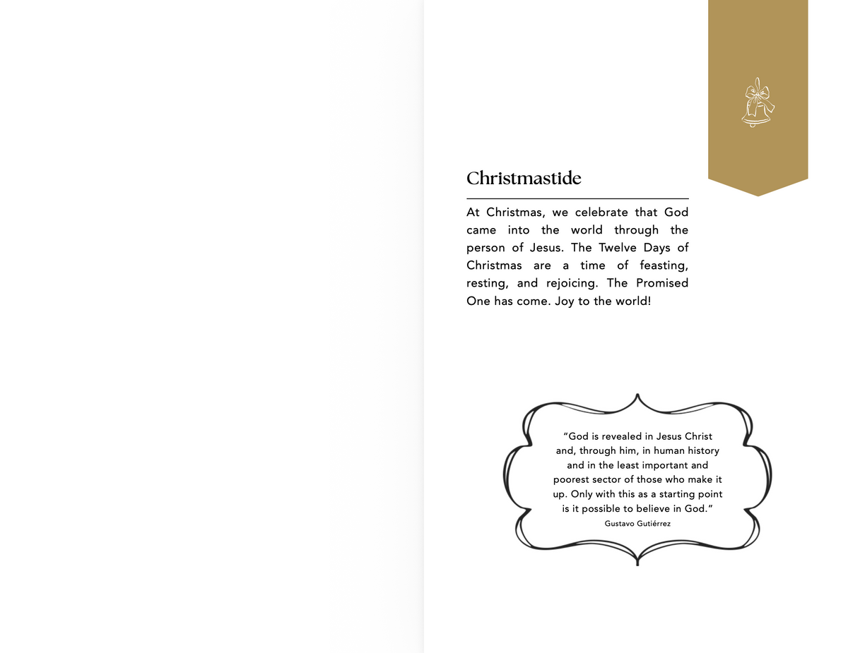 A printed page with the heading 'Christmastide' and a short reflective text about Christmas and the Twelve days of Christmas. A gold ribbon-like banner with a small emblem appears at the top right, and a decorative quote box is at the bottom right on a white page.