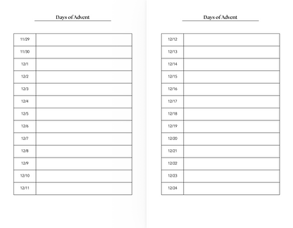 A printable planner page or booklet spread showing two identical columns labeled 'Days of Advent' with blank boxes for dates, designed for tracking Christmas countdown days from November 29 to December 24.