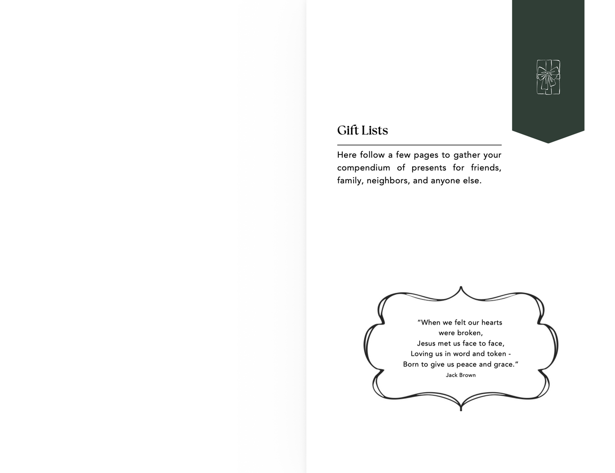 A printed page with the heading 'Gift Lists,' a short paragraph of text, a decorative quote box with a Jack Brown attribution, and a dark green ribbon graphic at the top right on a white background.