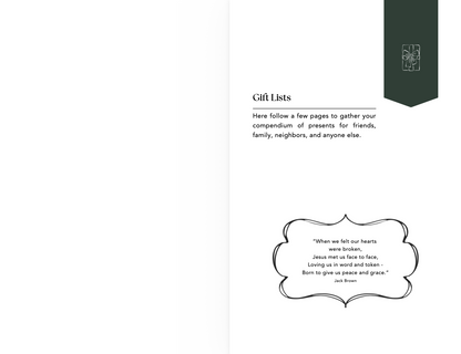 A printed page with the heading 'Gift Lists,' a short paragraph of text, a decorative quote box with a Jack Brown attribution, and a dark green ribbon graphic at the top right on a white background.